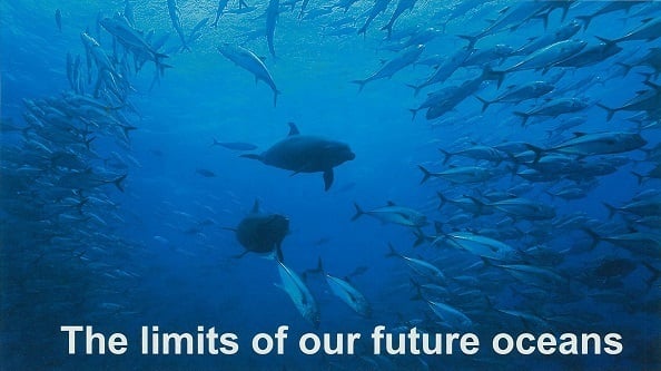 Promotional image showing fish swimming in the ocean, titled "The limits of our future oceans," provided by the Nereus Program