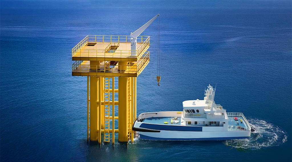 Image of training in the accessing of an offshore tower from a wind power generation access vessel.