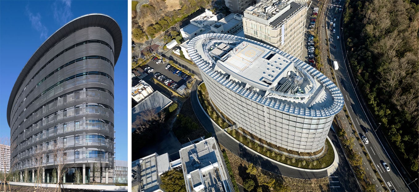 Side and aerial photographs of the UOsaka and Nippon Foundation Center for Infectious Disease Education and Research