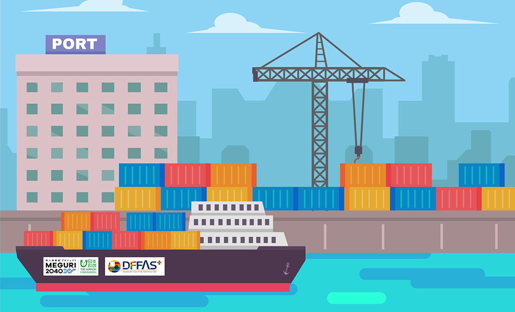Illustrated representation of the newly built container vessel being developed by the MEGURI2040 Fully Autonomous Ship Program