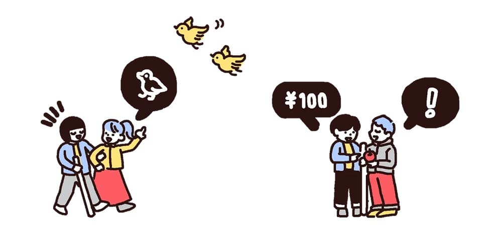 Illustrations: A guide helper informs their companion that birds are flying nearby; A guide helper tells the user the price of apples at the supermarket