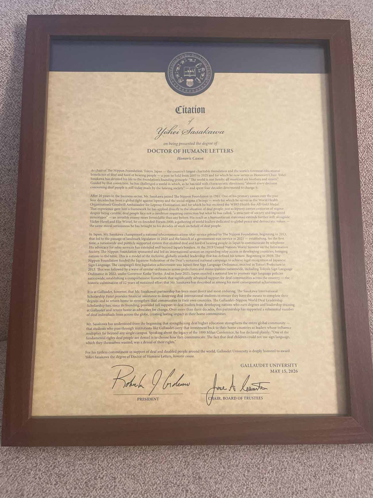 Photo of Yohei Sasakawa’s honorary doctorate diploma