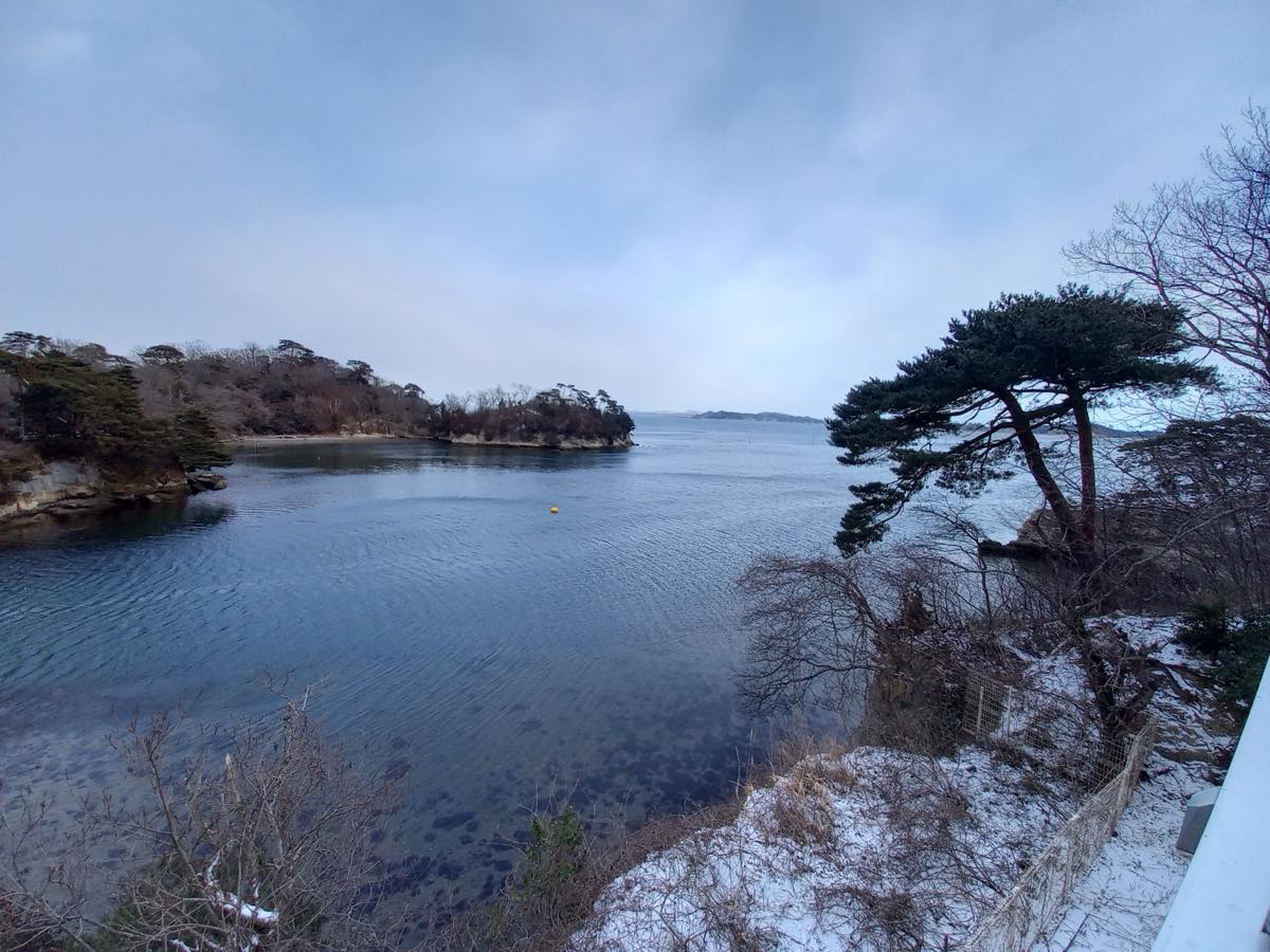 Photo of a coastline with a light dusting of snow