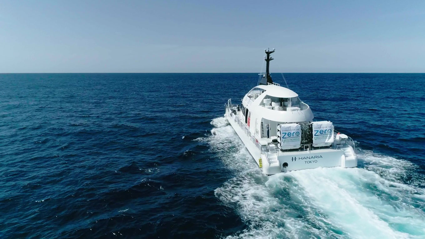 Photo of an anchored hydrogen fuel cell-powered vessel