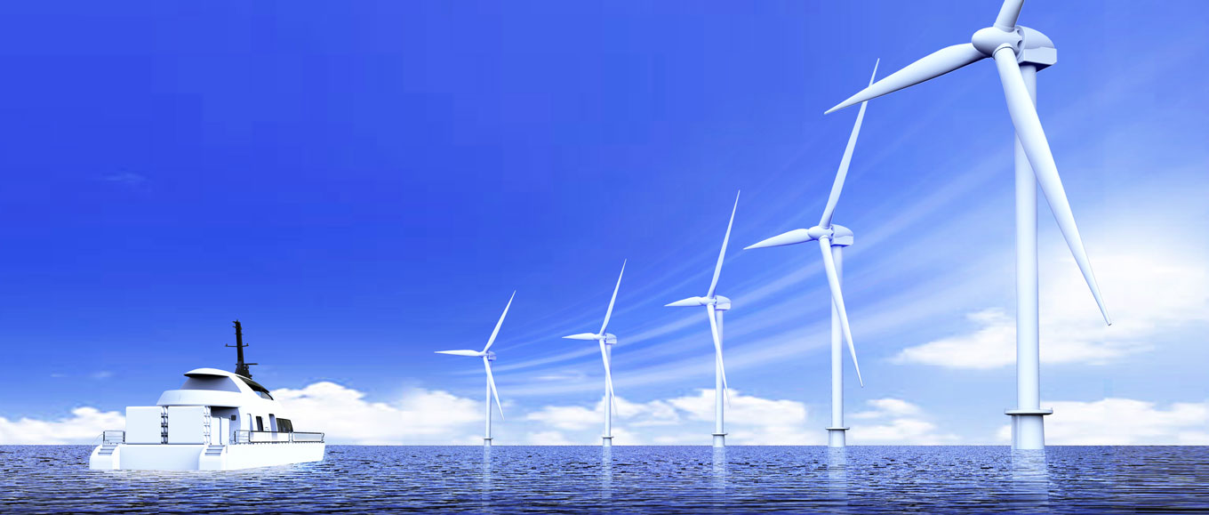 Artist’s rendering of the hydrogen fuel-cell-powered vessel inspecting an offshore wind power generation facility