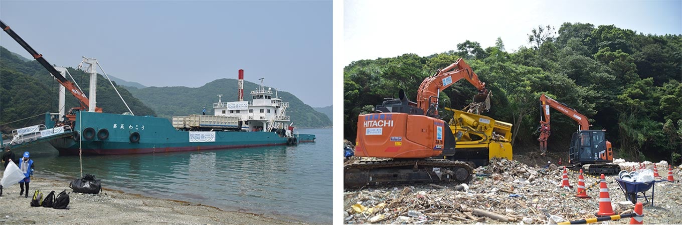 Photo: A landing craft carrying cleanup equipment is moored near a coastline inaccessible from a land route as workers prepare to unload it (left). Excavators and a large screening machine remove and separate plastic waste accumulated along a remote, debris-covered coastline. (right)