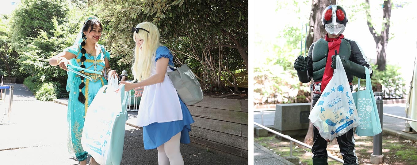 Photo: Cosplayers dressed as Princess Jasmine, Alice, and a masked superhero (Masked Rider) take part in the UMIGOMI Zero Week cleanup in Ikebukuro, using litter pickers and carrying bags filled with collected rubbish.