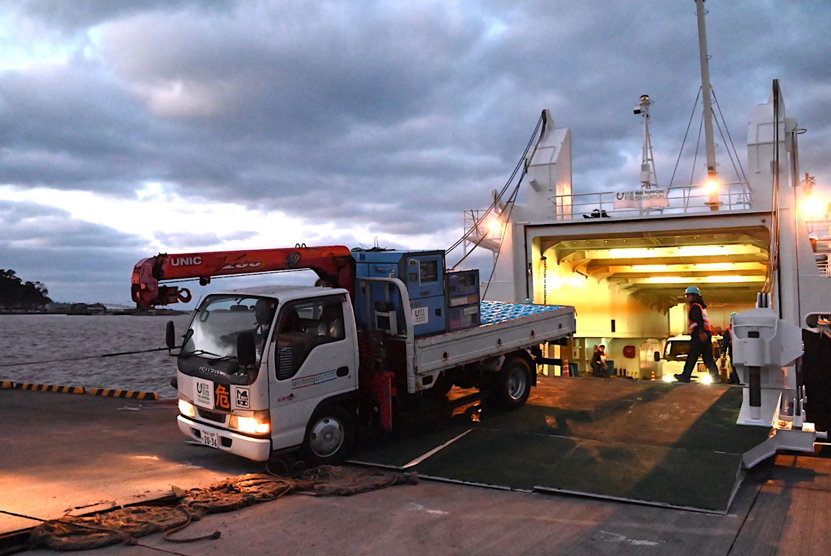 Photo of a truck driving off of a RORO ferry